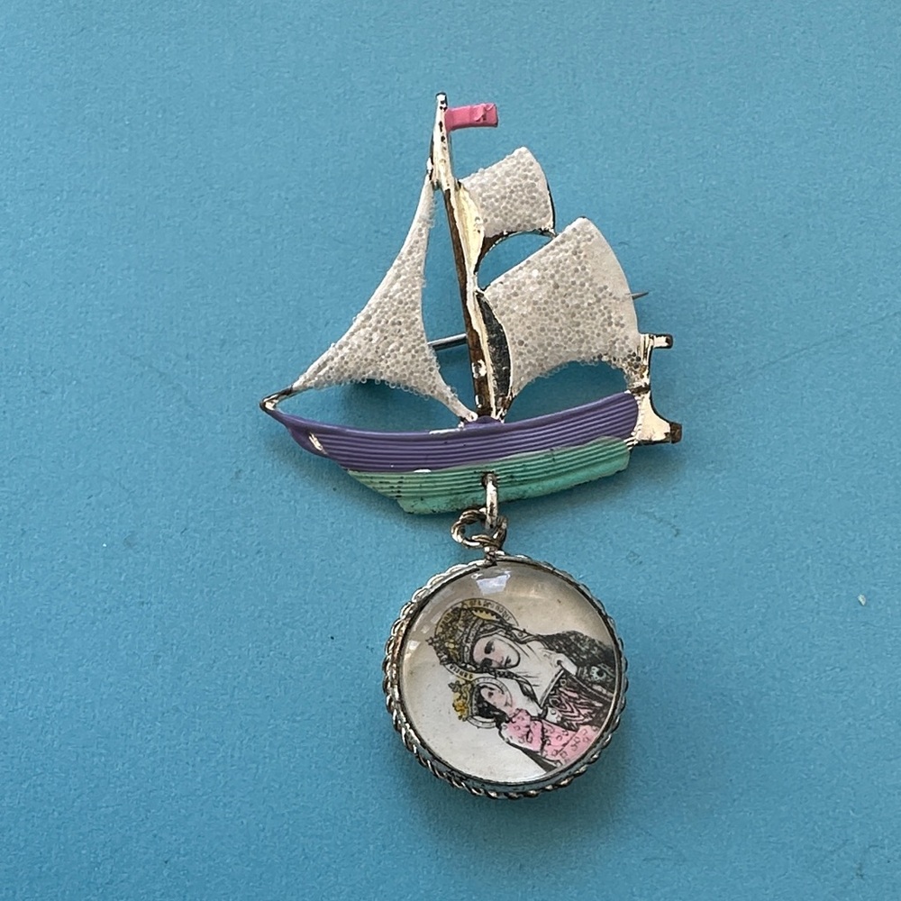 Vintage Notre Dame de Paris Sailboat Brooch with Religious Pendant